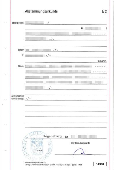 Deutsche Geburtsurkunde/Abstammungsurkunde (Formblatt E 2) - DIN A5
